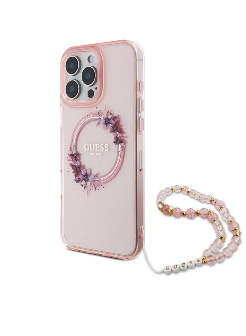 GUESS iPhone 16 Pro Max Magsafe Case IML Hard Cover with Flower Wreath Design & Pearl Strap / Shock Absorption / Precise Cutouts / Slim and Lightweight Back Cover - Pink  - Image 5