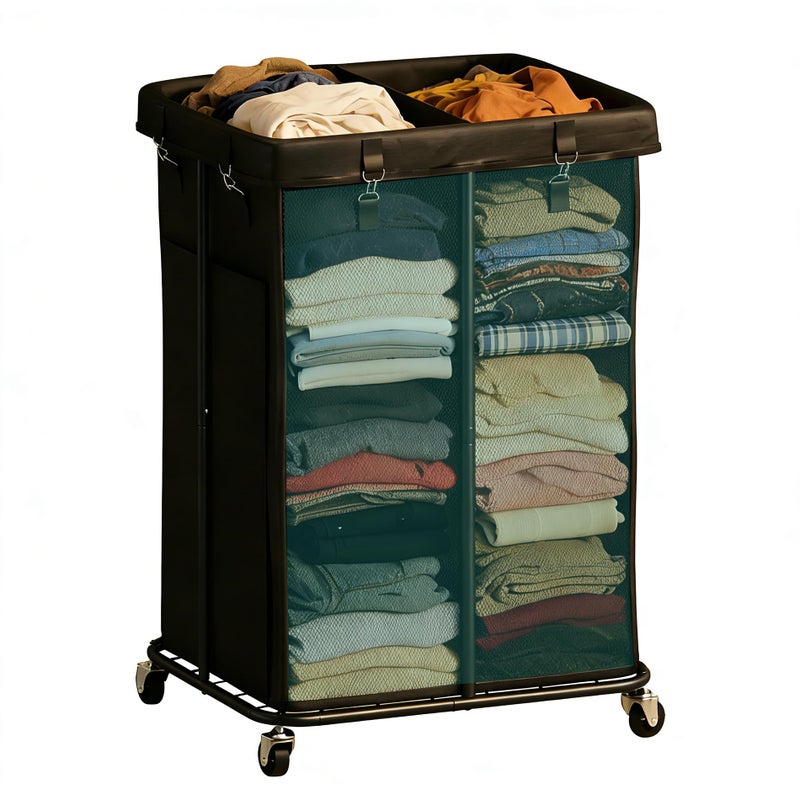 Vriccc Laundry Hamper with Wheels, Rolling Laundry Basket with Metal Frame and Removable Bag, Double Laundry Hamper 2 Section, Large & Tall Dirty Clothes Hampers for Bedroom Aesthetic, Laundry Room, Bathroom - Image 1