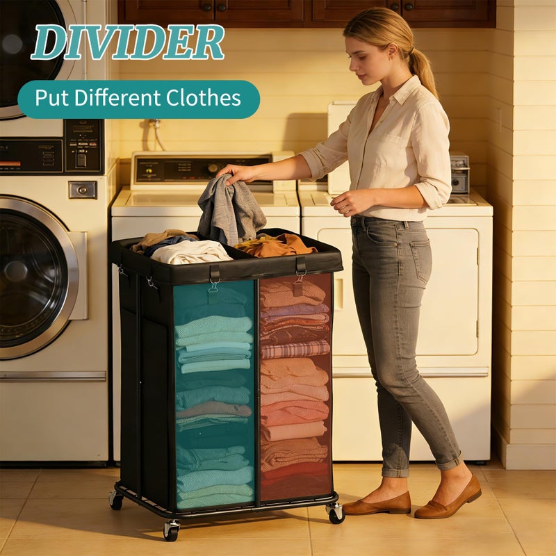 Vriccc Laundry Hamper with Wheels, Rolling Laundry Basket with Metal Frame and Removable Bag, Double Laundry Hamper 2 Section, Large & Tall Dirty Clothes Hampers for Bedroom Aesthetic, Laundry Room, Bathroom - Image 4
