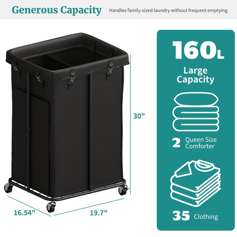 Vriccc Laundry Hamper with Wheels, Rolling Laundry Basket with Metal Frame and Removable Bag, Double Laundry Hamper 2 Section, Large & Tall Dirty Clothes Hampers for Bedroom Aesthetic, Laundry Room, Bathroom - Image 3