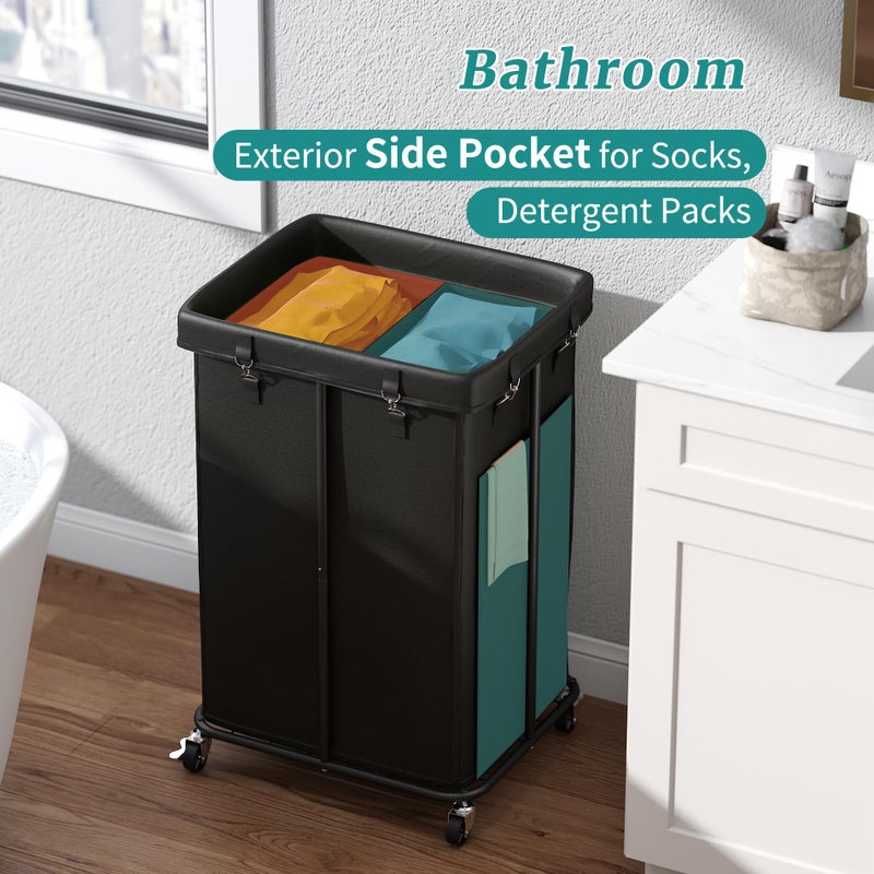 Vriccc Laundry Hamper with Wheels, Rolling Laundry Basket with Metal Frame and Removable Bag, Double Laundry Hamper 2 Section, Large & Tall Dirty Clothes Hampers for Bedroom Aesthetic, Laundry Room, Bathroom - Image 5