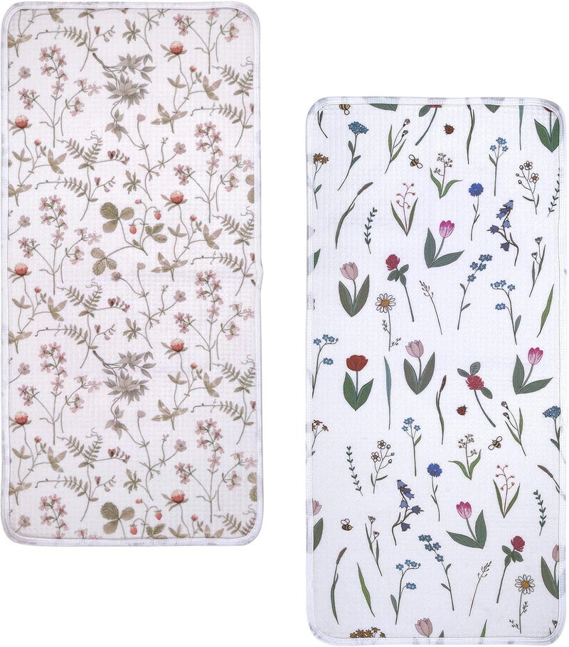 haakaa Waterproof Changing Pad Liners, Portable Baby Changing Pad Cover, Diaper Changing Mat Reusable, 100% Cotton, Ultra Soft Breathable, Honey Blossom+Vintage Garden (2pcs, 13" x 27.5") - Image 1
