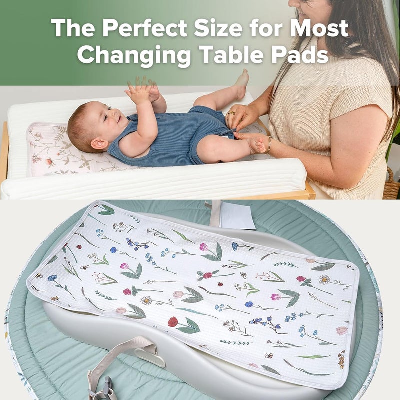 haakaa Waterproof Changing Pad Liners, Portable Baby Changing Pad Cover, Diaper Changing Mat Reusable, 100% Cotton, Ultra Soft Breathable, Honey Blossom+Vintage Garden (2pcs, 13" x 27.5") - Image 2