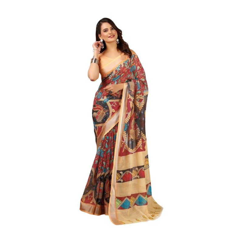 Sidhidata Women's Digital Printed Cotton Linen Blend Saree with Unstitched Blouse Piece in Maroon and Multicolor - Image 1