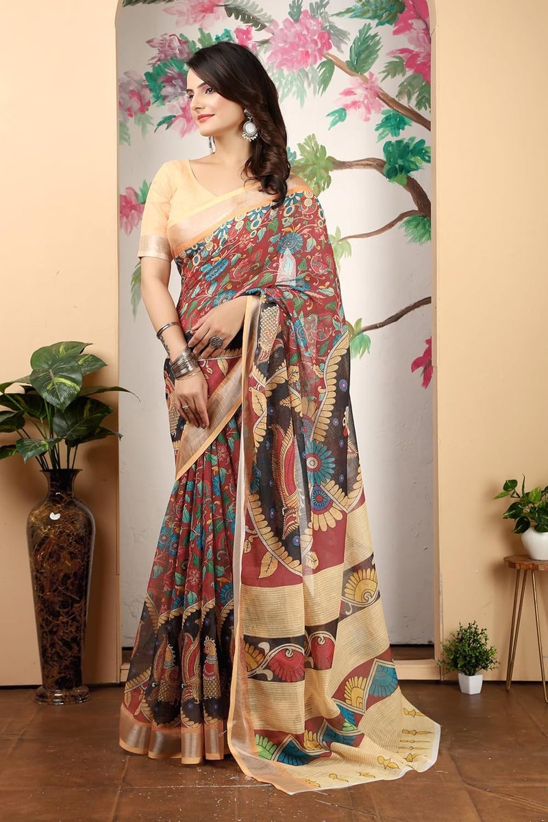 Sidhidata Women's Digital Printed Cotton Linen Blend Saree with Unstitched Blouse Piece in Maroon and Multicolor - Image 5