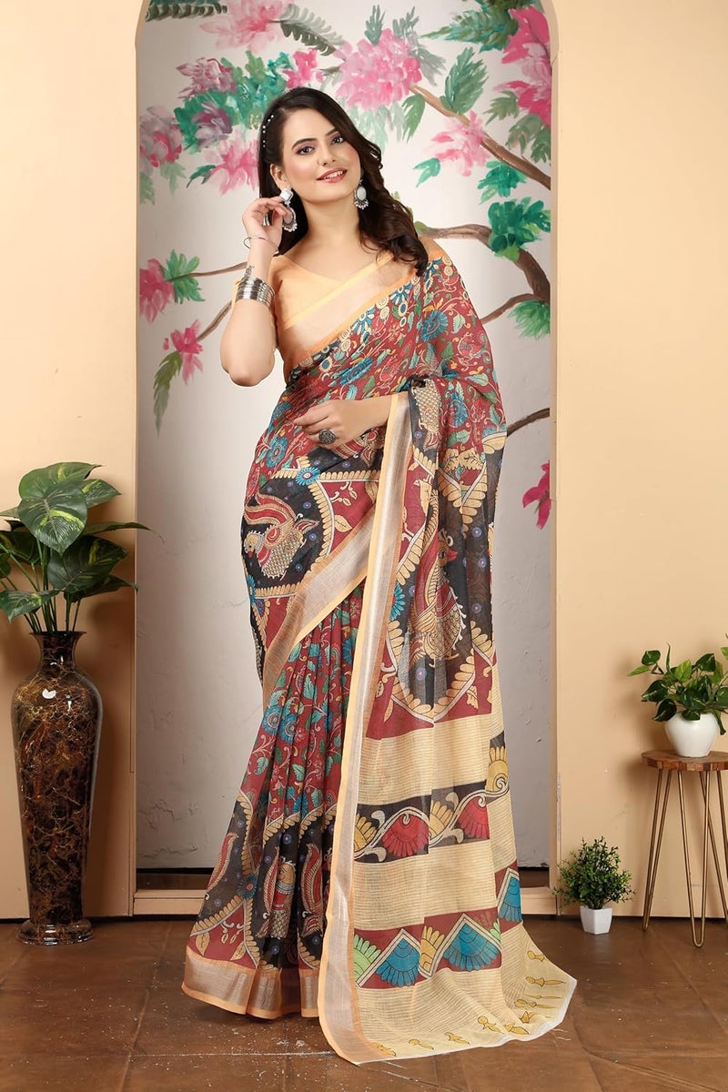 Sidhidata Women's Digital Printed Cotton Linen Blend Saree with Unstitched Blouse Piece in Maroon and Multicolor - Image 2