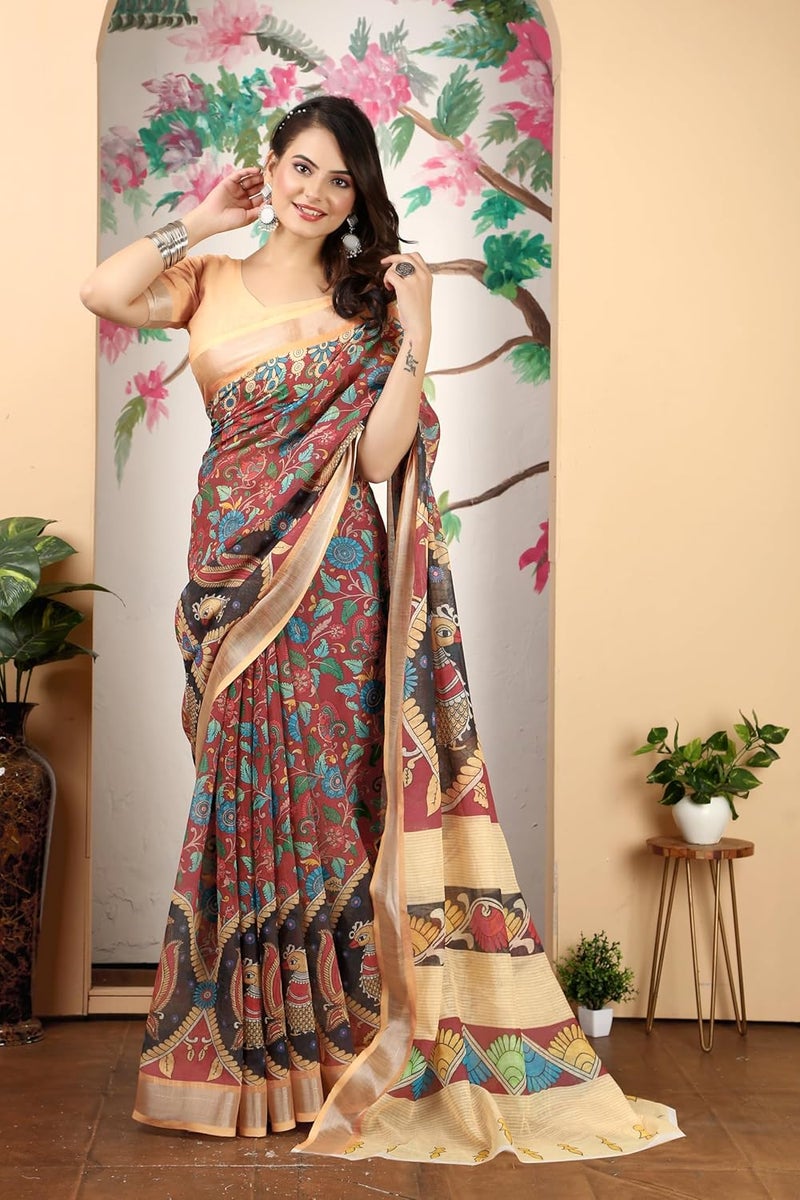 Sidhidata Women's Digital Printed Cotton Linen Blend Saree with Unstitched Blouse Piece in Maroon and Multicolor - Image 4