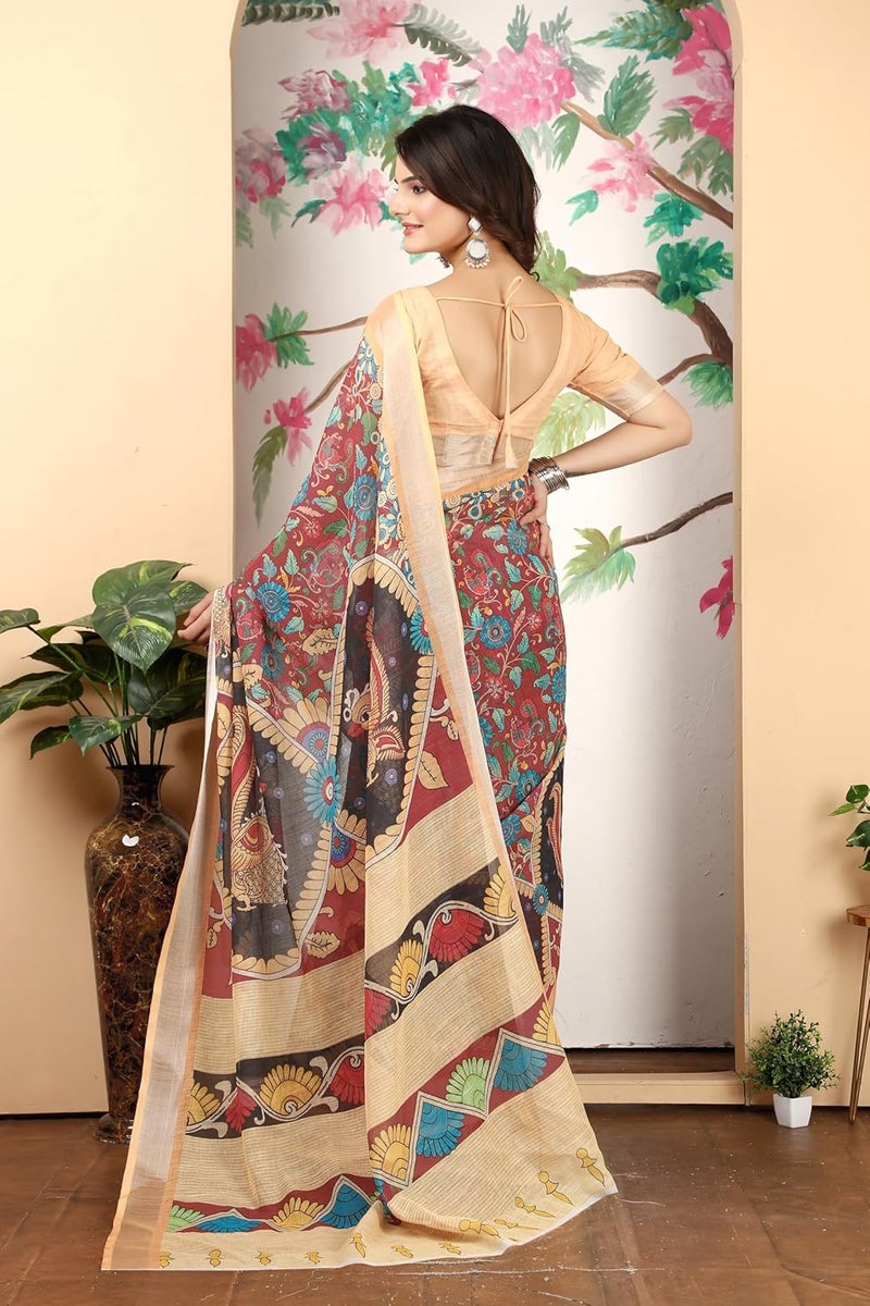 Sidhidata Women's Digital Printed Cotton Linen Blend Saree with Unstitched Blouse Piece in Maroon and Multicolor - Image 3