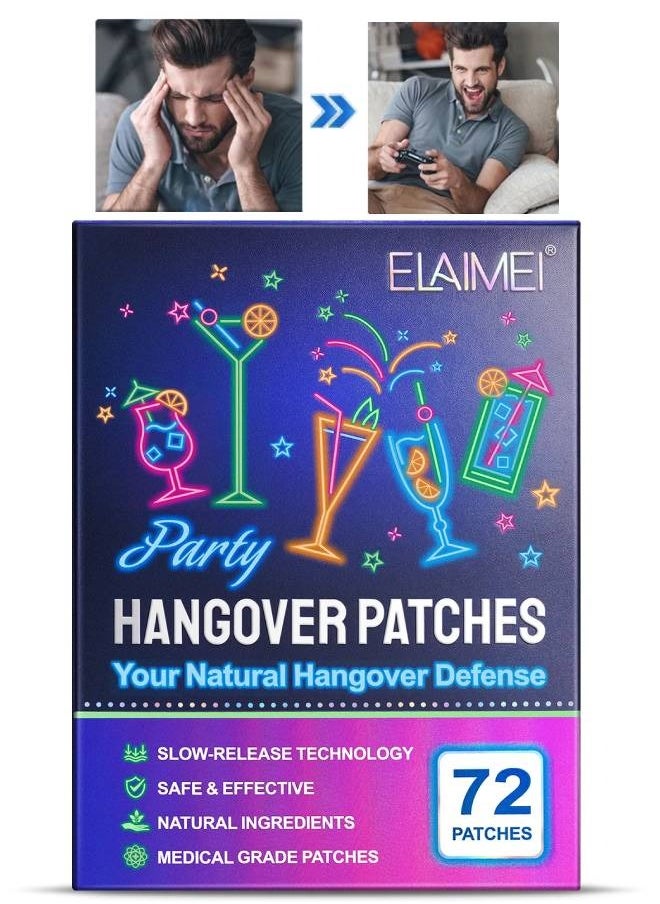 Elaimei - 72 لاصقة لعلاج صداع الكحول - لاصقات طبيعية لعلاج صداع الكحول - تقنية الإطلاق البطيء - لاصقات طبية آمنة وفعالة لعشاق الحفلات - حمض الفوليك وفيتامينات ومستخلص الشاي الأخضر - Image 1
