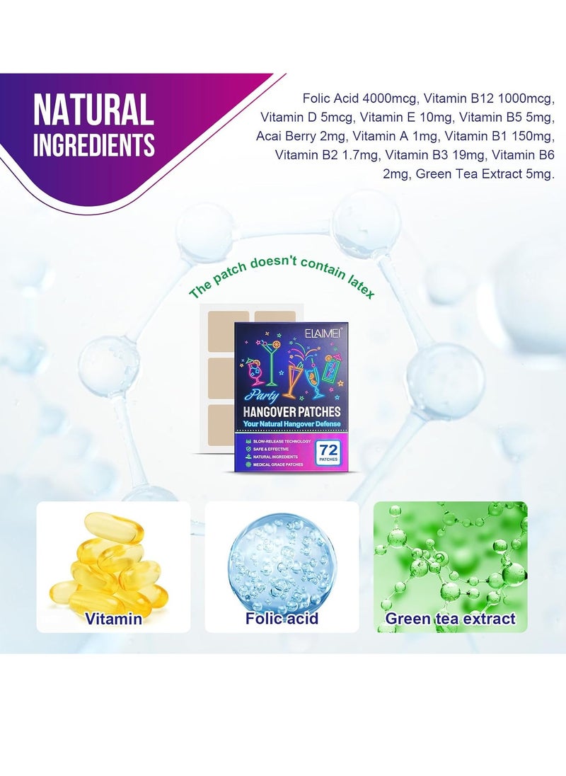 Elaimei - 72 لاصقة لعلاج صداع الكحول - لاصقات طبيعية لعلاج صداع الكحول - تقنية الإطلاق البطيء - لاصقات طبية آمنة وفعالة لعشاق الحفلات - حمض الفوليك وفيتامينات ومستخلص الشاي الأخضر - Image 1