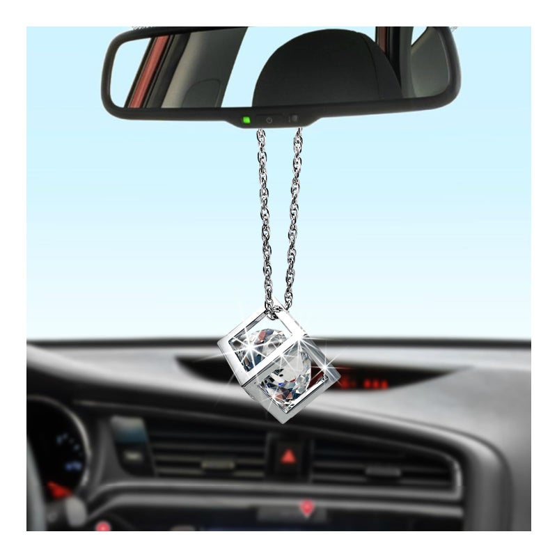 Sylvil Bling Diamond Cube Car Rear View Mirror Charms Crystal Sun Catcher Hanging Ornament for Automotive Home Decor Universal Vehicle Pendant Accessories for Women Girls White - Image 3