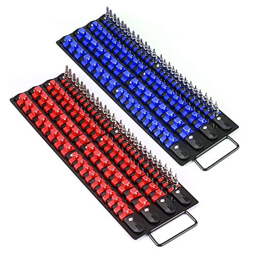 Mayouko 80Piece Portable Socket Organizer Tray 2 Pcs Set Blue Red Tools Organizer 14Inch 38Inch 12Inch Heavy Duty Socket Holder Black Rails Blue Red Clips - Image 1