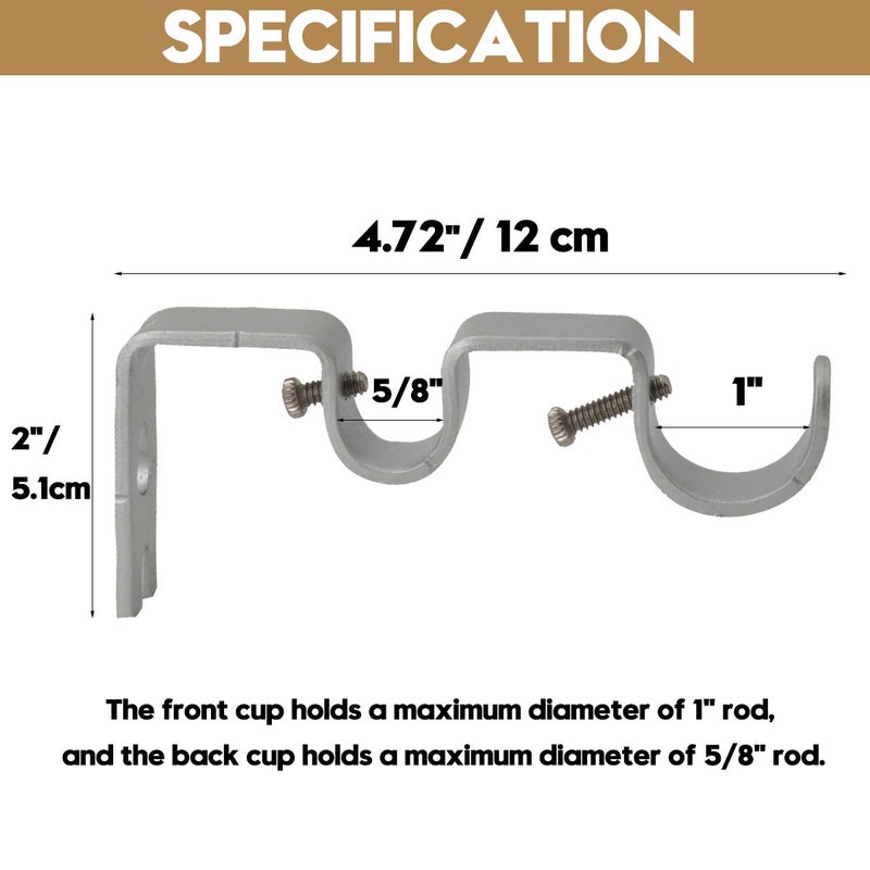 AddGrace 6 PCS Double Curtain Rod Bracket Heavy Duty Curtain Rod Holders for 1" and 5/8" Drapery Pole Adjustable Wall Mounted Drapery Pole Brackets for Living Room Bedroom Silver - Image 2