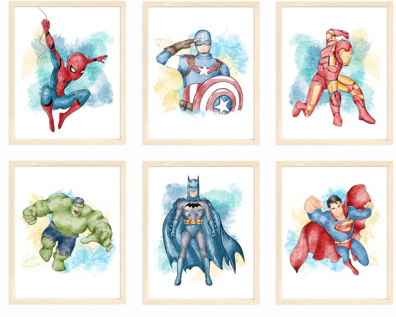 Nistio® Superhero Wall Decor, Superhero Wall Art for Boys Bedroom, Avengers Prints, Set of 6 Prints, Iron Man, Spiderman, Captain America, Hulk, Superman, Unframed, 8x10 inches - Image 1