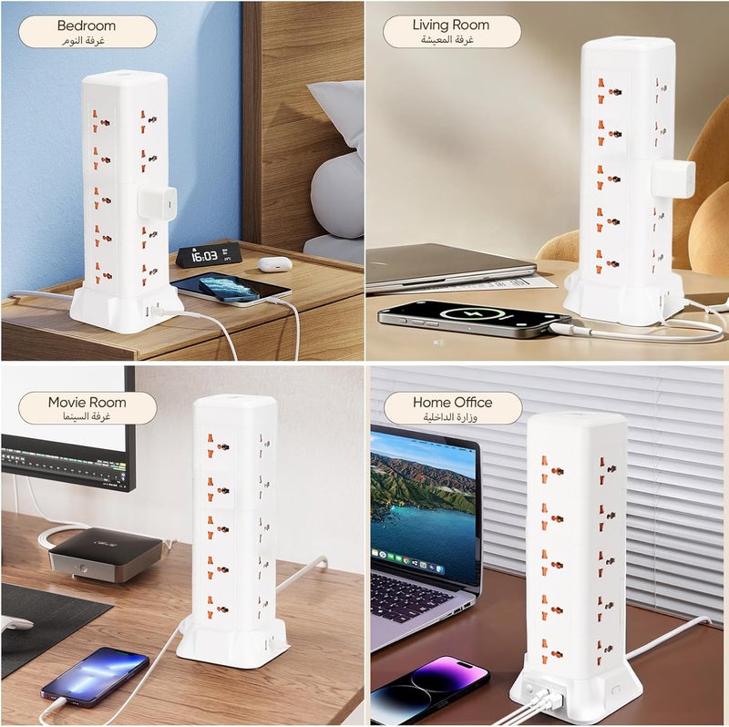 كيسويت 5 Way Power Extension Cord Surge Protector Strip Heavy Duty Universal Electrical Socket 3 USB (1 C) PD, for Home, Drom Room, School, Office Supplies - توصيلة كهربائية متعددة المنافذ مع حماية من زيادة التيار، مقبس كهربائي عالمي ثقيل، 3 منافذ USB (1 منفذ C) PD، للاستخدام المنزلي، غرفة النوم، المدرسة، اللوازم المكتبية - Image 5