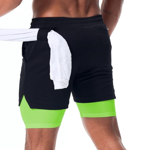 Surenow Mens Running Shorts，Workout Running Shorts for Men，2-in-1 Stealth Shorts， 7-Inch Gym Yoga Outdoor Sports Shorts Black/Light Green - Image 2