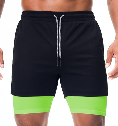 Surenow Mens Running Shorts，Workout Running Shorts for Men，2-in-1 Stealth Shorts， 7-Inch Gym Yoga Outdoor Sports Shorts Black/Light Green - Image 3