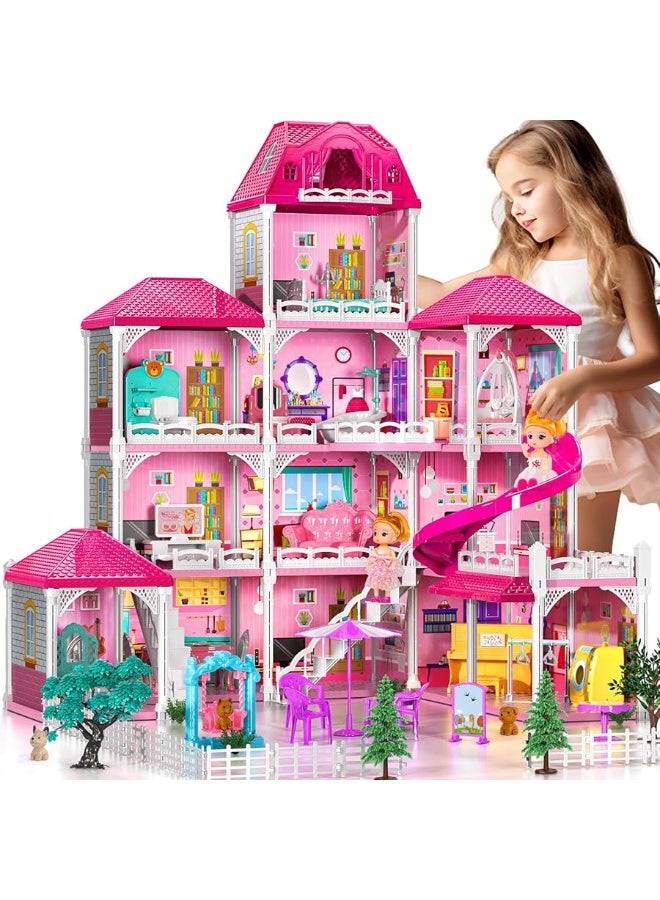 TEMI Doll House Girls Toys - 4-Story 12 Rooms Playhouse with 2 Dolls Toy Figures, Fully Furnished Fashion Dollhouse, Pretend Playhouse with Accessories, Gift Toy for Kids Ages 3 4 5 6 7 8+ - Image 3