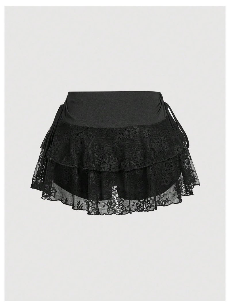 MakeMeChic Women's Lace Mini Skirt with Shorts Ruffle Layered Skorts Skirts Black Small - Image 2
