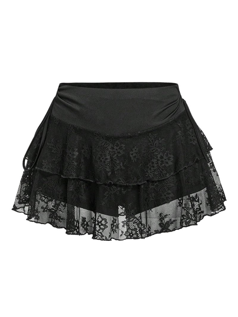MakeMeChic Women's Lace Mini Skirt with Shorts Ruffle Layered Skorts Skirts Black Small - Image 1