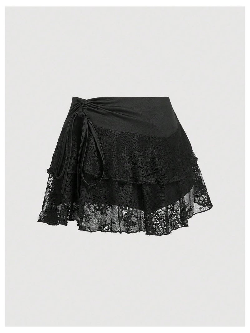 MakeMeChic Women's Lace Mini Skirt with Shorts Ruffle Layered Skorts Skirts Black Small - Image 5