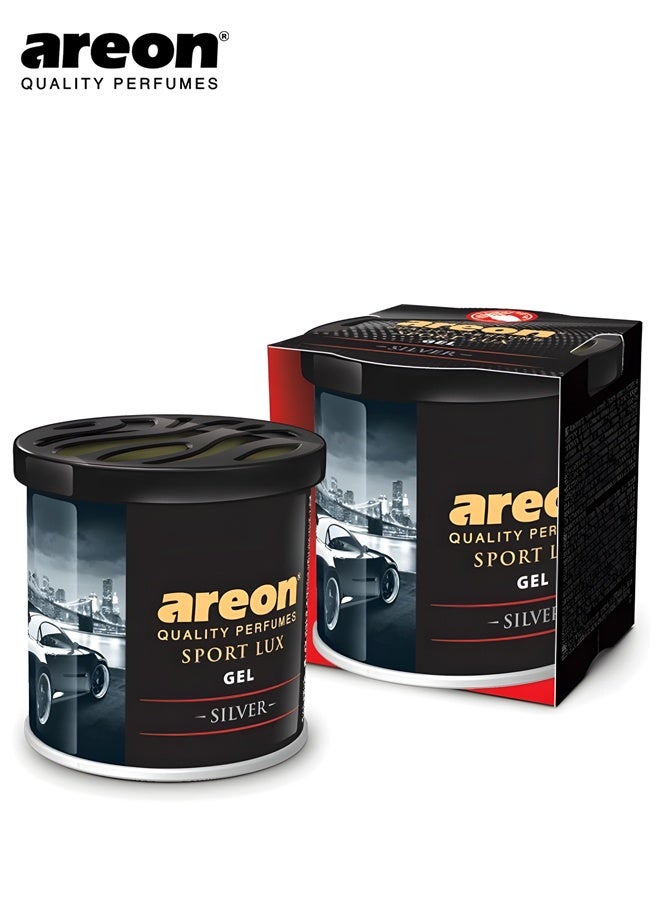 Areon Sport LUX Gel Car Air Freshener Silver Scent, 80g Adjustable Strength Long Lasting Auto Perfume Can, All Weather, Odor Eliminator, Strong Fragrance for Smoke Food Pet Odor Removal, All Weather Performance Gel Freshener - Image 1