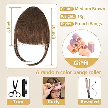 Alaleibaby Clip In Fringe Bangs Medium Brown 100 Real Human Hair Bangs Clip in Hair Extensions Natural curved French bangs With Temples Short Hairpieces Natural Curved French Bangs - Image 2