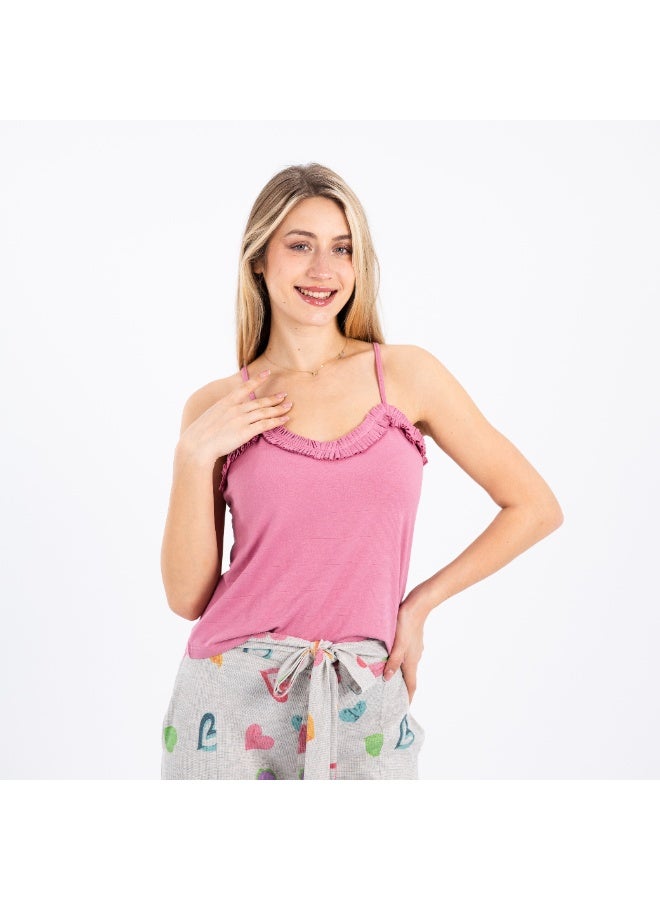 zecotex  Women's 2-Piece Soft Ribbed Cotton Loungewear Set - Embroidered Top or Camisole with Full-Length Relaxed Pants. - Image 2