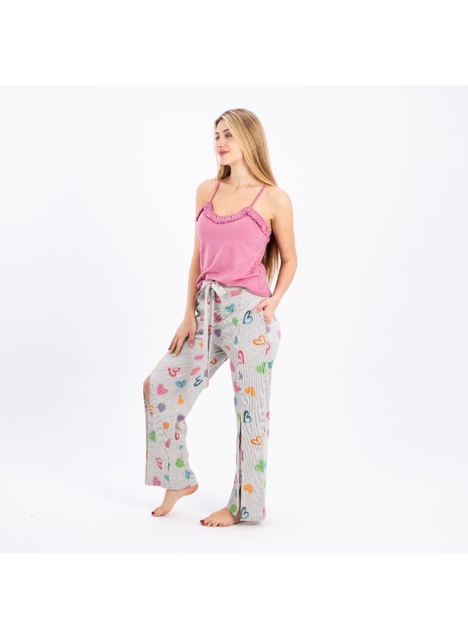 zecotex  Women's 2-Piece Soft Ribbed Cotton Loungewear Set - Embroidered Top or Camisole with Full-Length Relaxed Pants. - Image 3