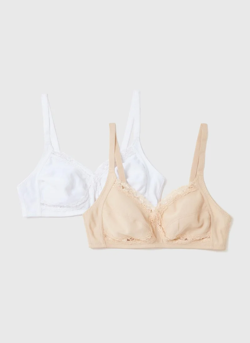 Matalan 2 Pack White &  Non Wired Lace Trim Bras