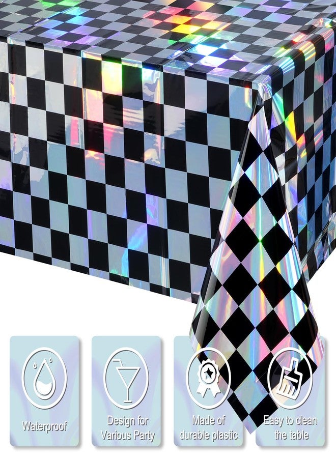 FunnyPars 3Pack Black and Iridescent Checkered Plastic Tablecloth, Shiny Disposable Laser Rectangle Table Covers, Holographic Foil Tablecloth Iridescent Party Decorations for Picnic Camping Race Car, 54x108Inch - Image 3