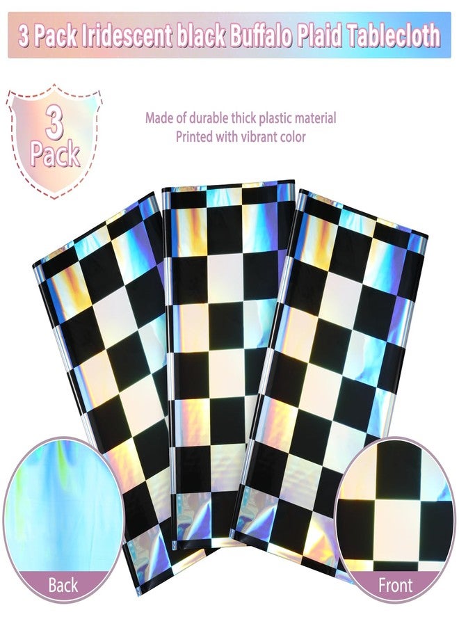 FunnyPars 3Pack Black and Iridescent Checkered Plastic Tablecloth, Shiny Disposable Laser Rectangle Table Covers, Holographic Foil Tablecloth Iridescent Party Decorations for Picnic Camping Race Car, 54x108Inch - Image 4