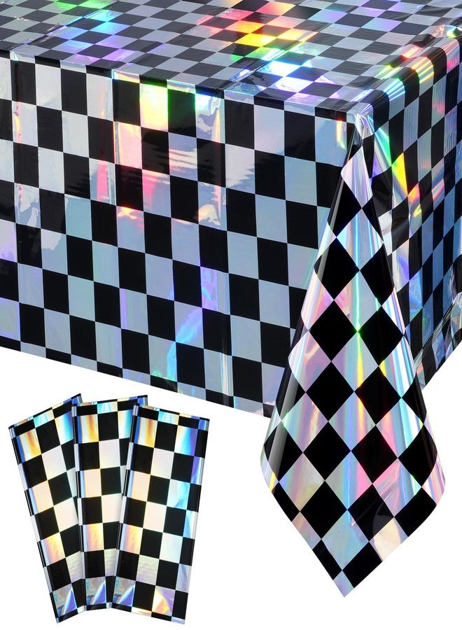 FunnyPars 3Pack Black and Iridescent Checkered Plastic Tablecloth, Shiny Disposable Laser Rectangle Table Covers, Holographic Foil Tablecloth Iridescent Party Decorations for Picnic Camping Race Car, 54x108Inch - Image 1