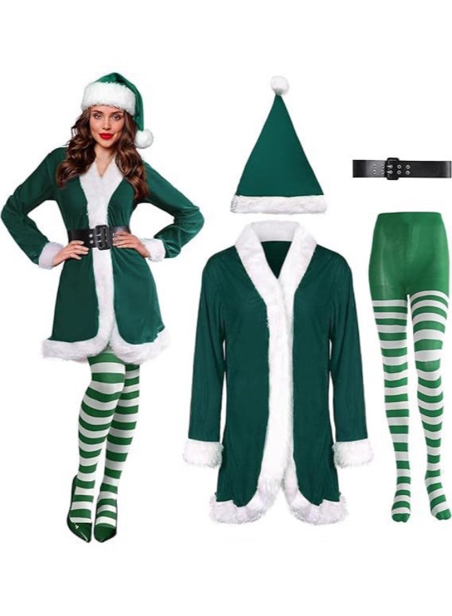 Ciao Women’s Christmas Elf Costume – Green Velvet Long-Sleeve Dress with White Fur Trim, Hat, Belt & Striped Stockings Holiday Outfit (Size S) - Image 3
