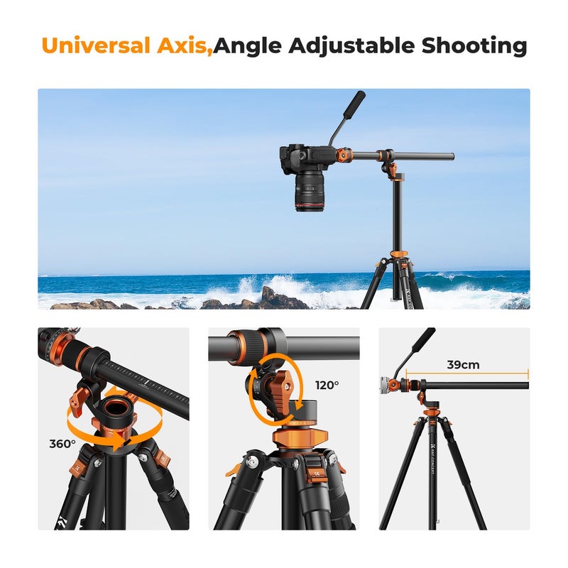 K&F CONCEPT 90''/230cm Overhead Camera Tripod, Horizontal Shooting Video Tripods with Fluid Head Heavy Duty, Detachable Monopod, for Indoor and Outdoor Use T254A7+FH-03 - Image 5