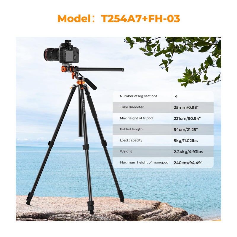 K&F CONCEPT 90''/230cm Overhead Camera Tripod, Horizontal Shooting Video Tripods with Fluid Head Heavy Duty, Detachable Monopod, for Indoor and Outdoor Use T254A7+FH-03 - Image 2