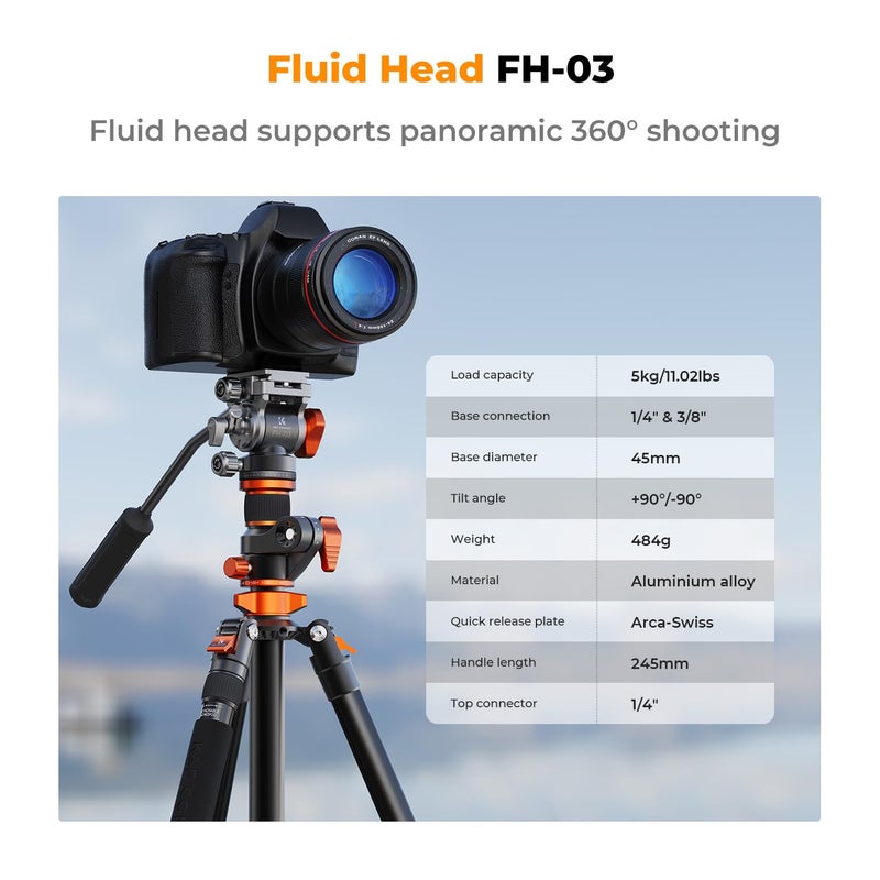 K&F CONCEPT 90''/230cm Overhead Camera Tripod, Horizontal Shooting Video Tripods with Fluid Head Heavy Duty, Detachable Monopod, for Indoor and Outdoor Use T254A7+FH-03 - Image 3