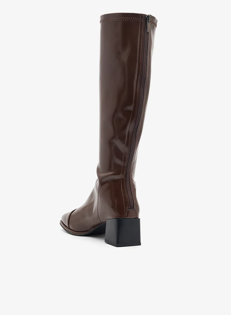 Ginger Brown Faux Leather Block Heel Knee High Boots for Women | Best Price UAE