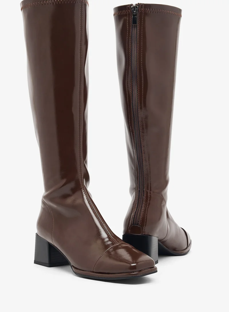 Ginger Brown Faux Leather Block Heel Knee High Boots for Women | Best Price UAE