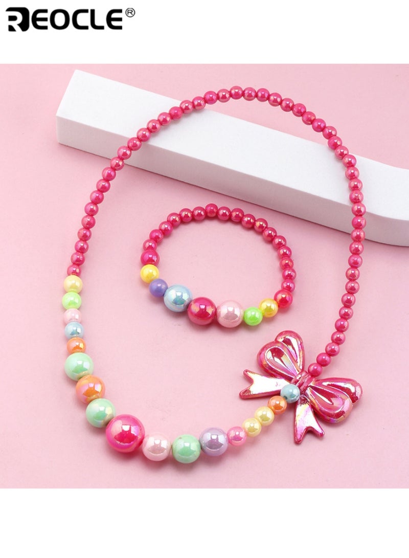 ريوكل قطعتان من مجموعة مجوهرات الأطفال بتصميم قوس عقد وسوار خرز إكسسوارات للارتداء اليومي العارض مجموعة إكسسوارات ملونة مرحة - Image 1