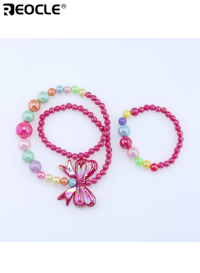 ريوكل قطعتان من مجموعة مجوهرات الأطفال بتصميم قوس عقد وسوار خرز إكسسوارات للارتداء اليومي العارض مجموعة إكسسوارات ملونة مرحة - Image 5