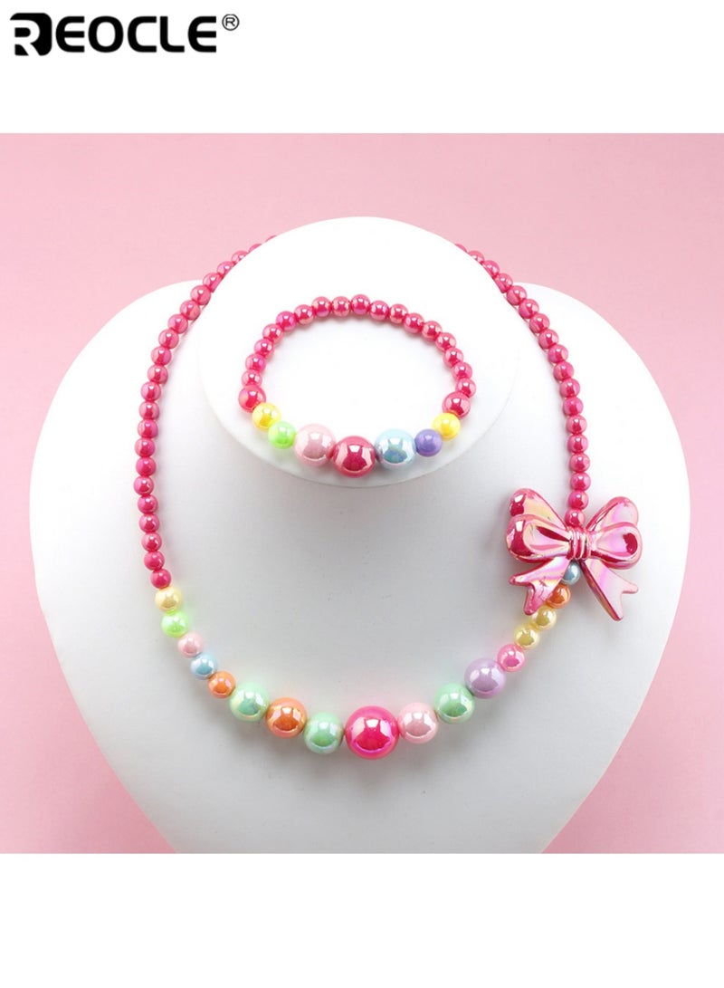 ريوكل قطعتان من مجموعة مجوهرات الأطفال بتصميم قوس عقد وسوار خرز إكسسوارات للارتداء اليومي العارض مجموعة إكسسوارات ملونة مرحة - Image 3
