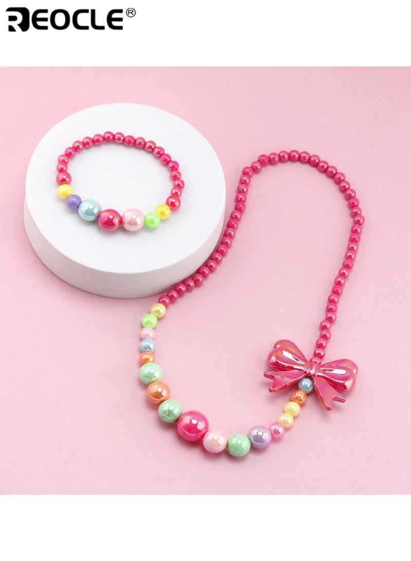 ريوكل قطعتان من مجموعة مجوهرات الأطفال بتصميم قوس عقد وسوار خرز إكسسوارات للارتداء اليومي العارض مجموعة إكسسوارات ملونة مرحة - Image 2