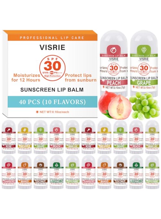 VISRIE SPF 30 Mini Sunscreen Lip Balm SPF Lip Balm Bulk 40 Count Travel Sunscreen with Vitamin E and Coconut Oil 10 Flavors - Image 1