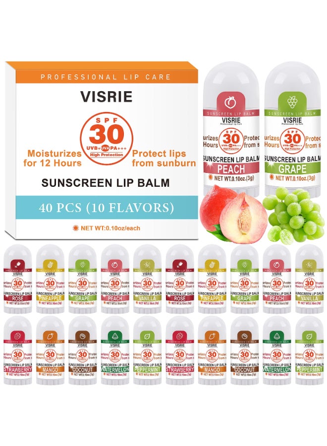VISRIE SPF 30 Mini Sunscreen Lip Balm SPF Lip Balm Bulk 40 Count Travel Sunscreen with Vitamin E and Coconut Oil 10 Flavors - Image 2