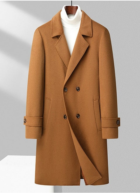 Men's Double-Sided Woolen Casual Coat With Thickened Lining Long Jacket Overcoat With Pockets Khaki