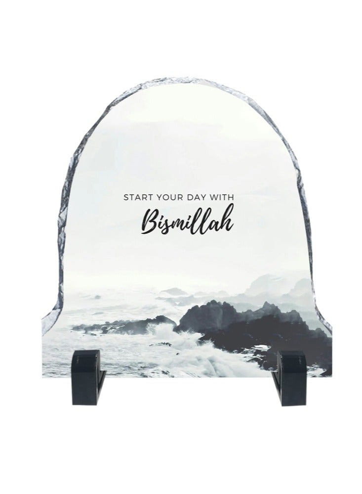 Service Zone Protective Printed White Rock Shape Marble Photo Frame for Table Top Start Your Day With Bismillah  - Image 1