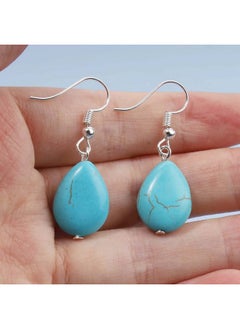 Yheakne Boho Turquoise Teardrop Earrings Silver Turquoise Eardrop Earrings Blue Gemstone Dangle Earrings Vintage Drop Hook Earrings Jewelry For Women And Girls  - Image 5