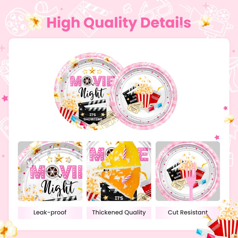 Lecheme Pink Movie Night Party Decorations Kit: Movie Banner Cute Popcorn Film Plates Napkins Tablecloth Balloons All-in-1 Movie Night Party Supplies for Girl Birthday Serve 24 - Image 5