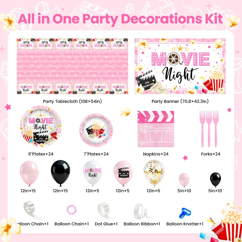 Lecheme Pink Movie Night Party Decorations Kit: Movie Banner Cute Popcorn Film Plates Napkins Tablecloth Balloons All-in-1 Movie Night Party Supplies for Girl Birthday Serve 24 - Image 3